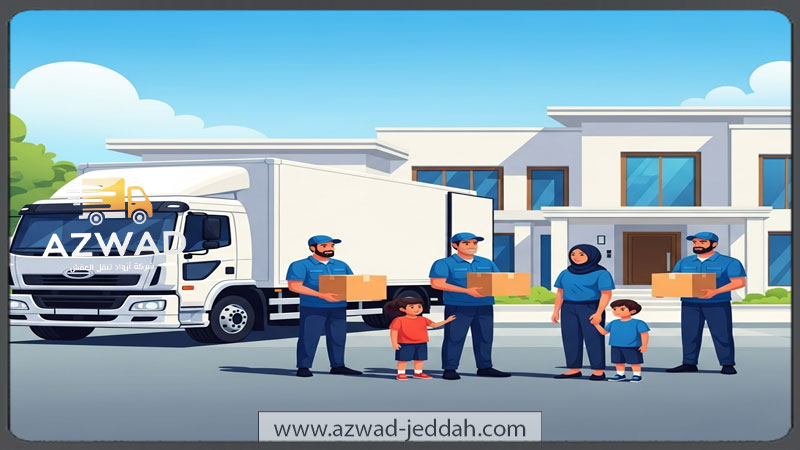 فريق عمل شركة نقل عفش محترفة بجدة يتصافح مع عميل سعيد أمام سيارة نقل حديثة.