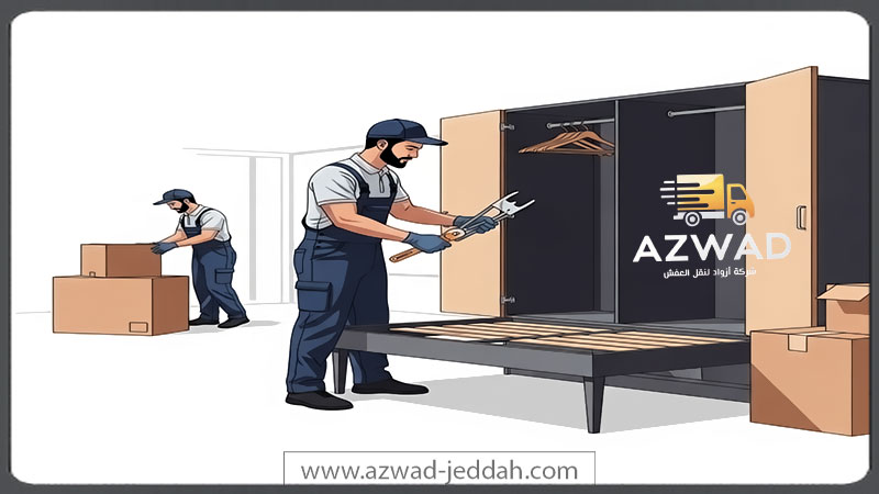 فني متخصص يقوم بفك دولاب كبير بعناية كجزء من خدمات نقل العفش