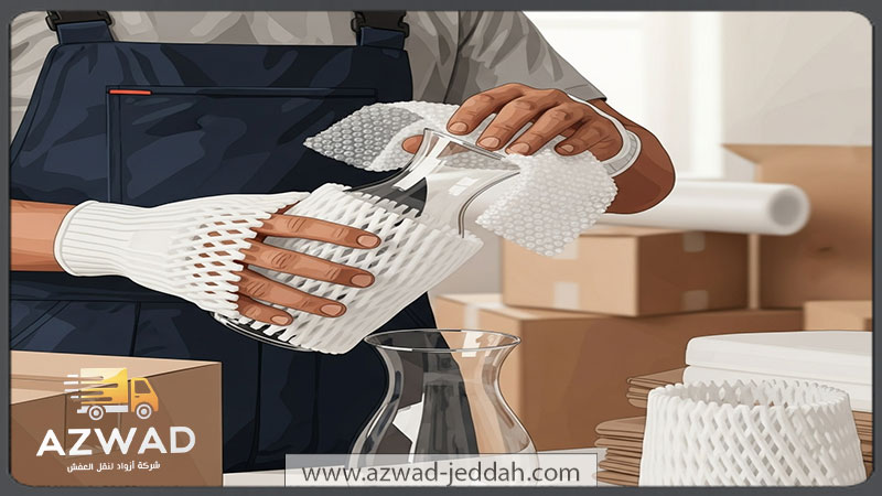 أيدي عامل محترف تقوم بتغليف قطعة أثاث زجاجية بعناية فائقة باستخدام فقاعات الهواء